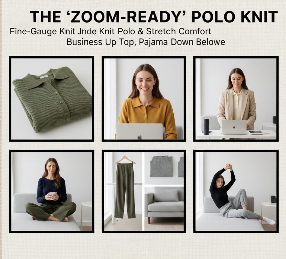 Close-up of a fine-gauge knit polo shirt in mustard yellow, showing a professional collar suitable for video calls and remote work.