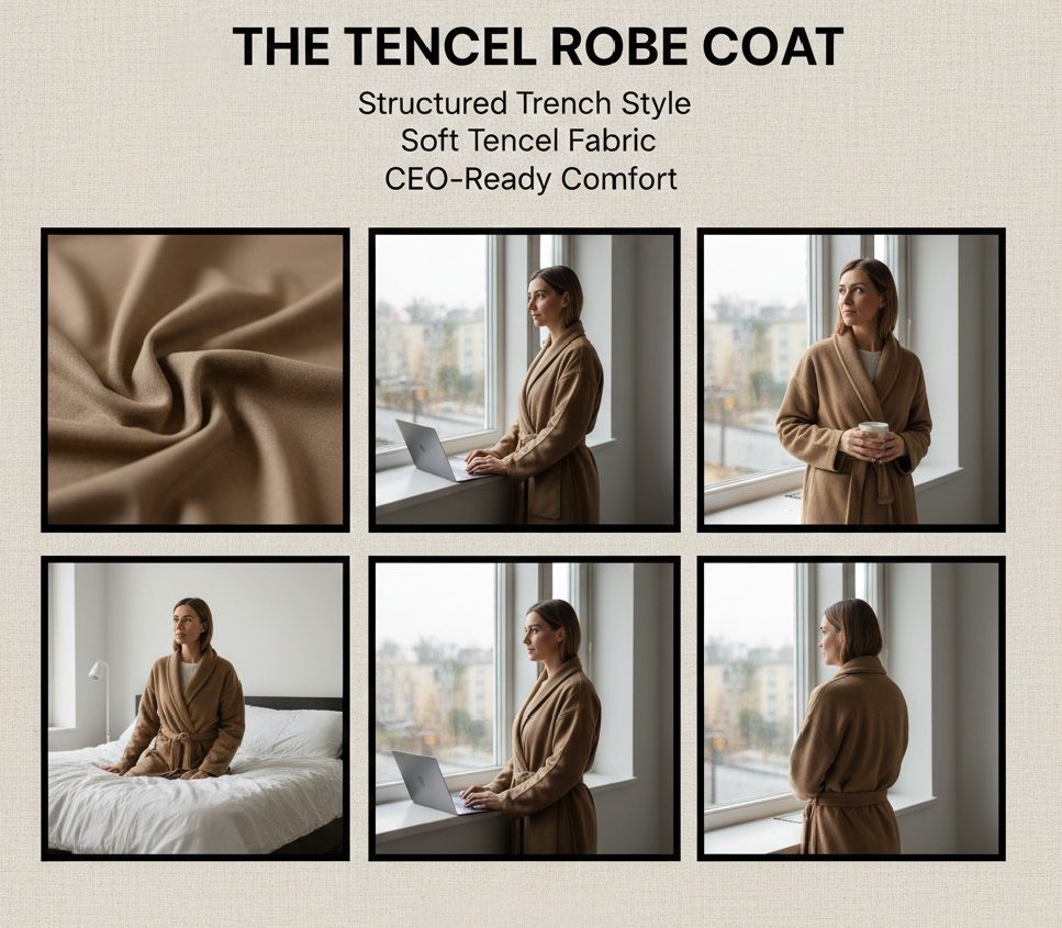 A woman in a structured camel-colored Tencel robe coat standing by a window in a London apartment, professional yet soft loungewear