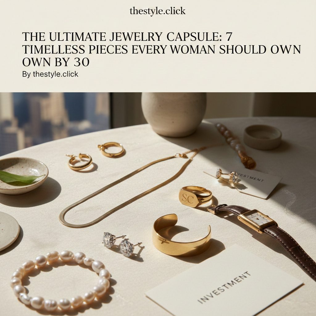 A curated collection of 7 timeless jewelry pieces including gold hoops, a herringbone chain, diamond studs, a signet ring, a gold cuff, baroque pearls, and a leather tank watch on a minimalist marble surface.