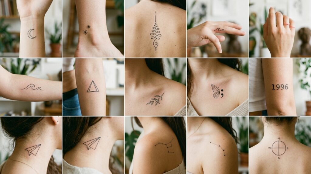 Collage of small fine-line minimalist tattoos for women: crescent moon on wrist, botanical sprig on shoulder, paper airplane, and constellation design. Bathing in soft natural light, showcasing diverse delicate tattoo placements in 2026.