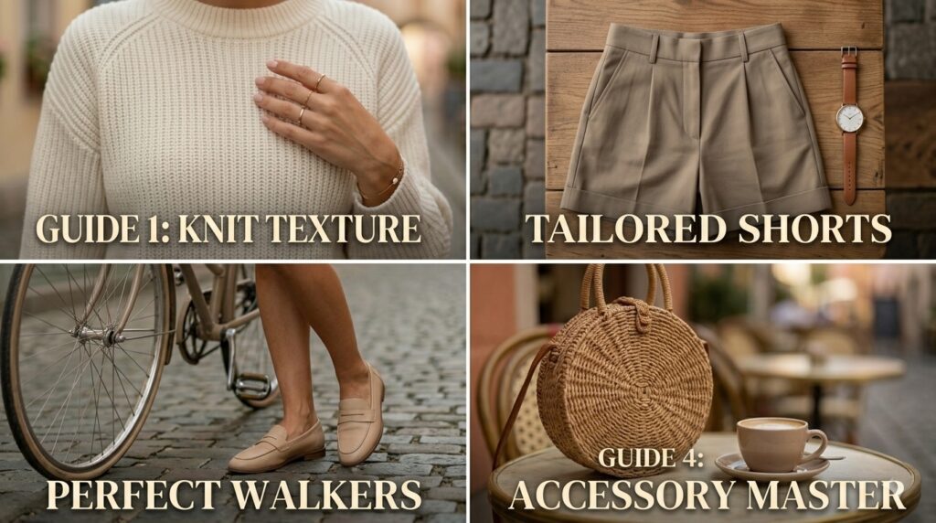 A professional 4-panel style guide grid illustrating outfit proportion hacks for quiet luxury: Panel 1 close-up on textured cream knit sweater fabric; Panel 2 flat lay of structured tailored neutral shorts; Panel 3 focused close-up of minimal gold jewelry on a hand; Panel 4 low-angle detail of beige leather loafers on cobblestones in soft natural daylight.