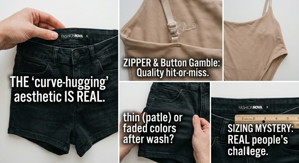 Close-up comparison of Fashion Nova clothing showing sizing tags, zipper quality, and fabric texture to illustrate an honest quality review.