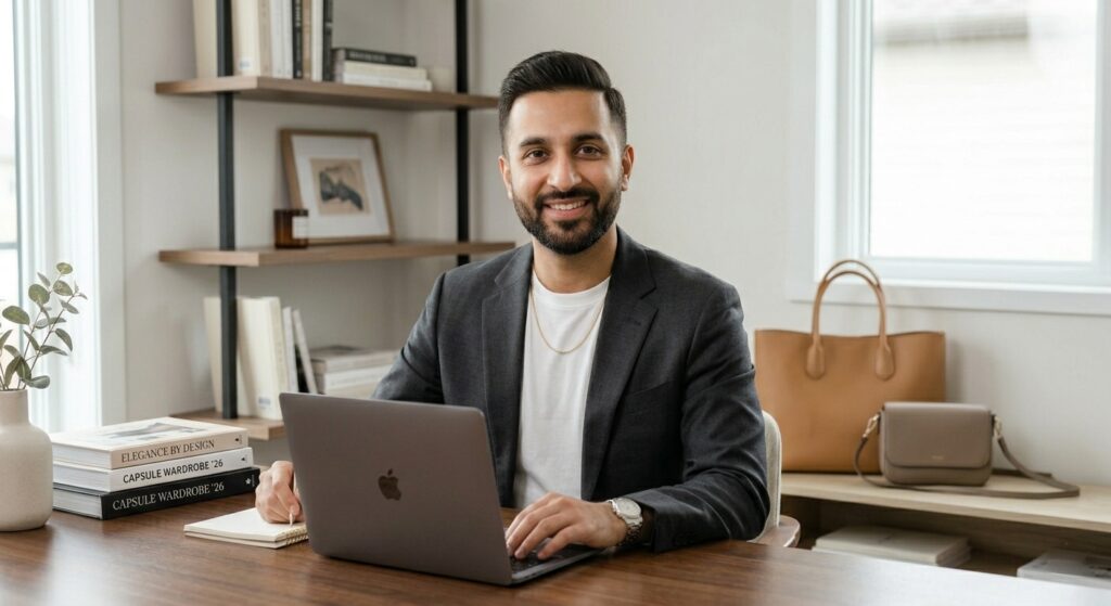 A professional portrait of Sohaib Hassan, founder of The Style Click, smiling confidently at a modern wooden desk in a stylish office. He is wearing a charcoal blazer over a stylish necklace.