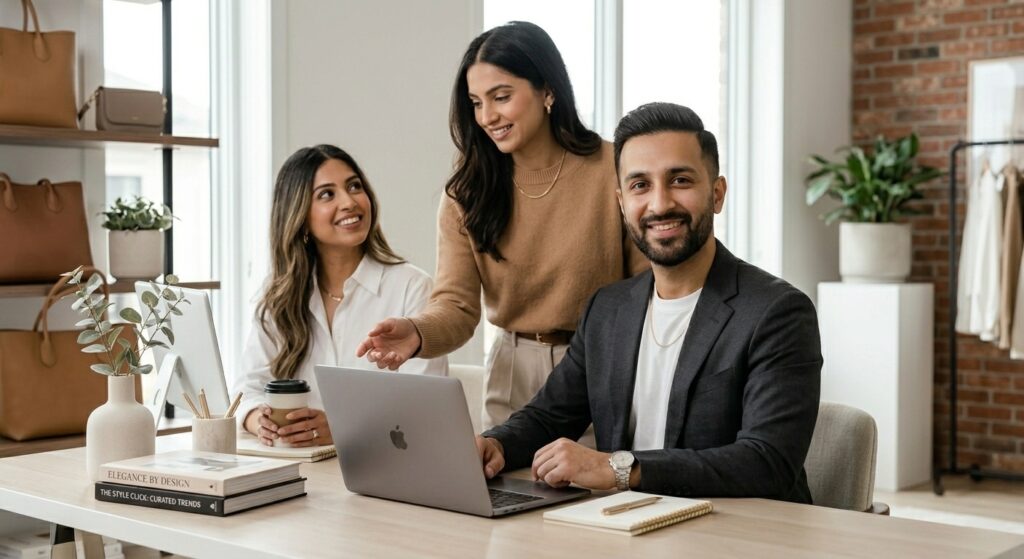 A professional team portrait for The Style Click's Contact Us page, featuring founder Sohaib Hassan and colleagues collaborating at a minimalist desk with a laptop and fashion books. The atmosphere is warm, collaborative, and sophisticated, reflecting luxury and modern style.