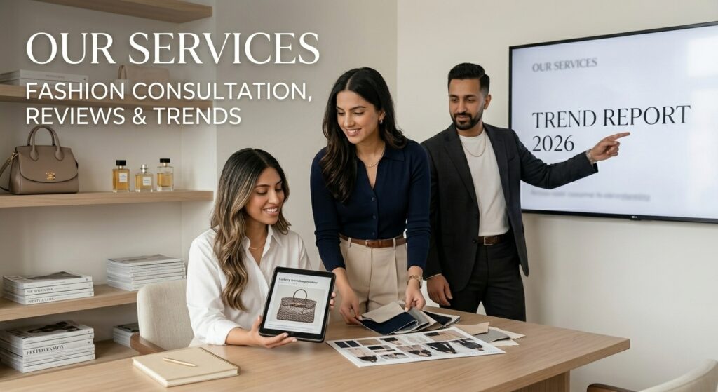 The Style Click team providing professional fashion consultation services, luxury handbag reviews, and 2026 trend reporting in a modern office.