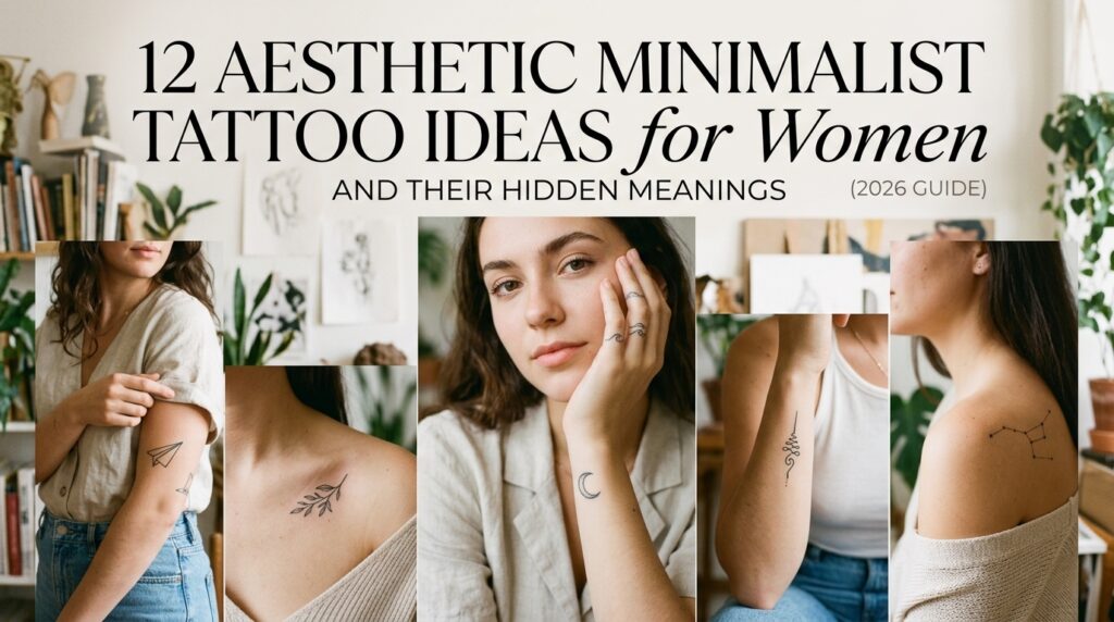 Collage of small fine-line minimalist tattoos for women: crescent moon on wrist, botanical sprig on shoulder, paper airplane, and constellation design. Bathing in soft natural light, showcasing diverse delicate tattoo placements in 2026.