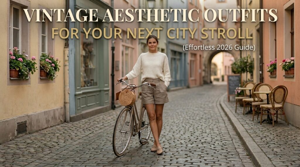 A professional 4-panel style guide grid for a fashion blog showing details of a vintage outfit: close-up of a textured cream knit sweater, high-waisted tailored taupe shorts with a leather watch, a round woven straw bag on a cafe table, and elegant leather loafers on a cobblestone street.