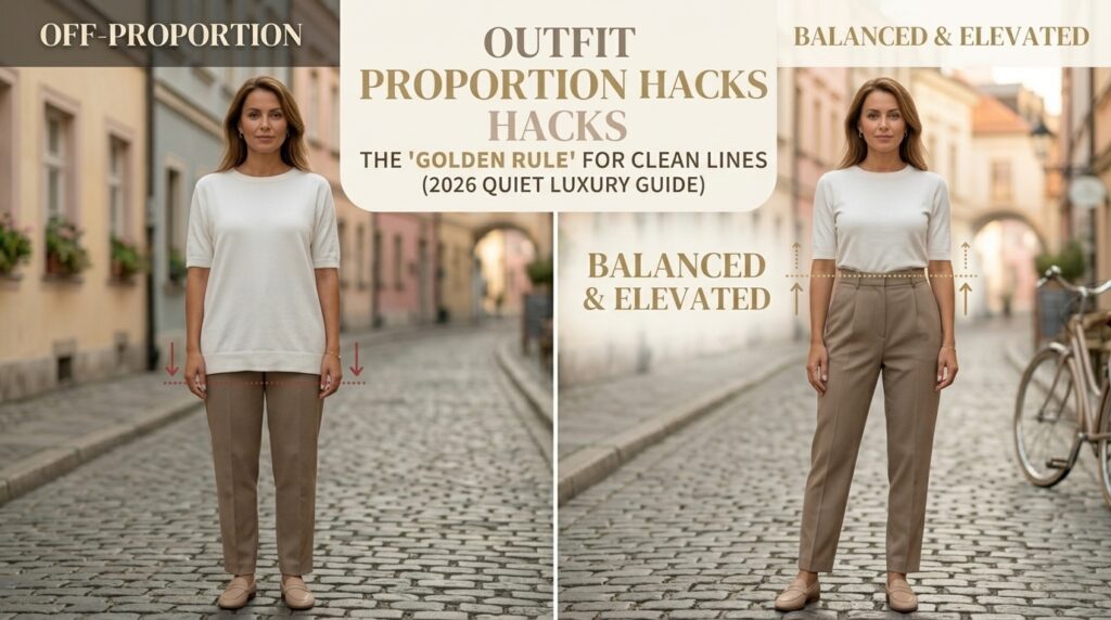 A side-by-side fashion comparison illustrating outfit proportion hacks: The left panel shows an untucked white top creating an off-proportion silhouette, while the right panel shows the same top neatly tucked into high-waisted neutral tailored trousers, establishing clean lines and balanced waist positioning in soft natural light.