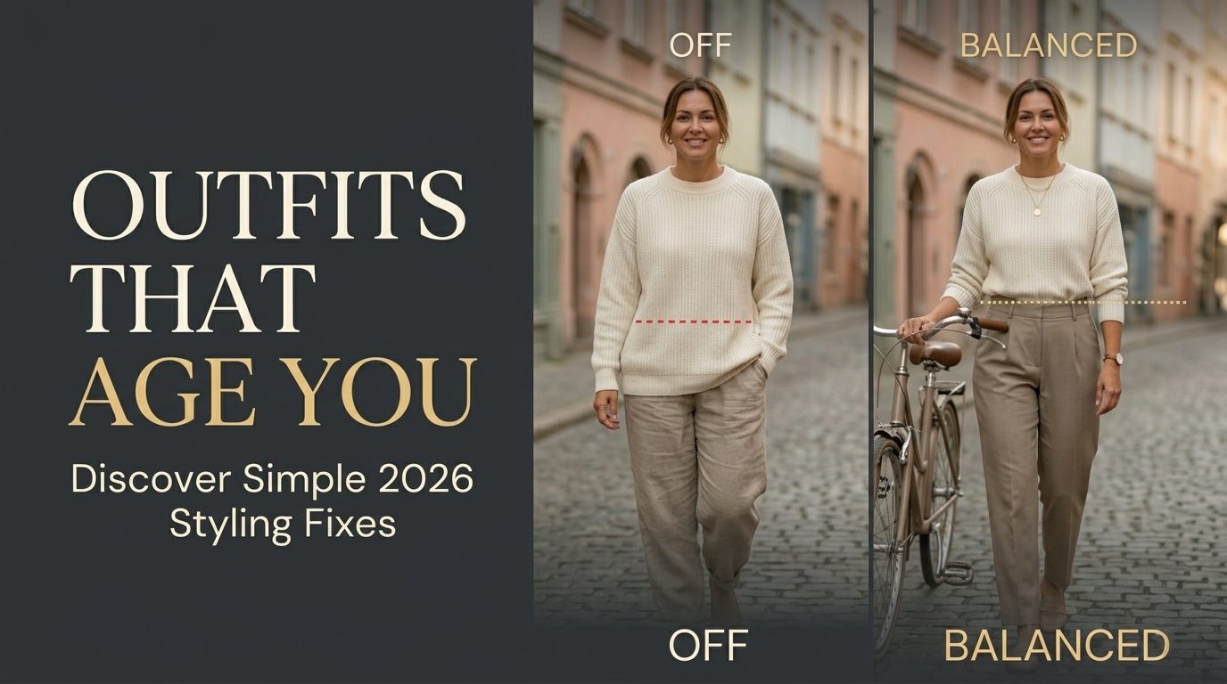 A high-resolution blog post feature image titled 'Outfits That Age You', featuring a direct visual side-by-side comparison of a woman styling an untucked oversized top versus a cleanly tucked look into structured high-waisted neutral tailored trousers for an elevated 2026 quiet luxury silhouette. Soft natural daylight on a cobblestone old town street, consistent with the visual guide aesthetic seen in other images.