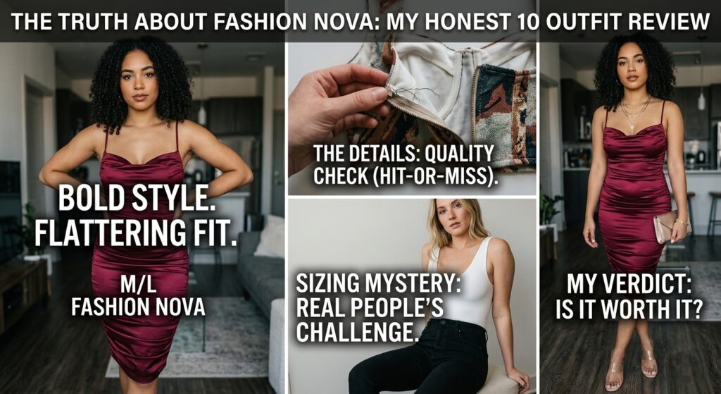 A styled flat lay of five trendy Fashion Nova outfits including a bodycon dress, jeans, and casual tops, representing an honest quality review.