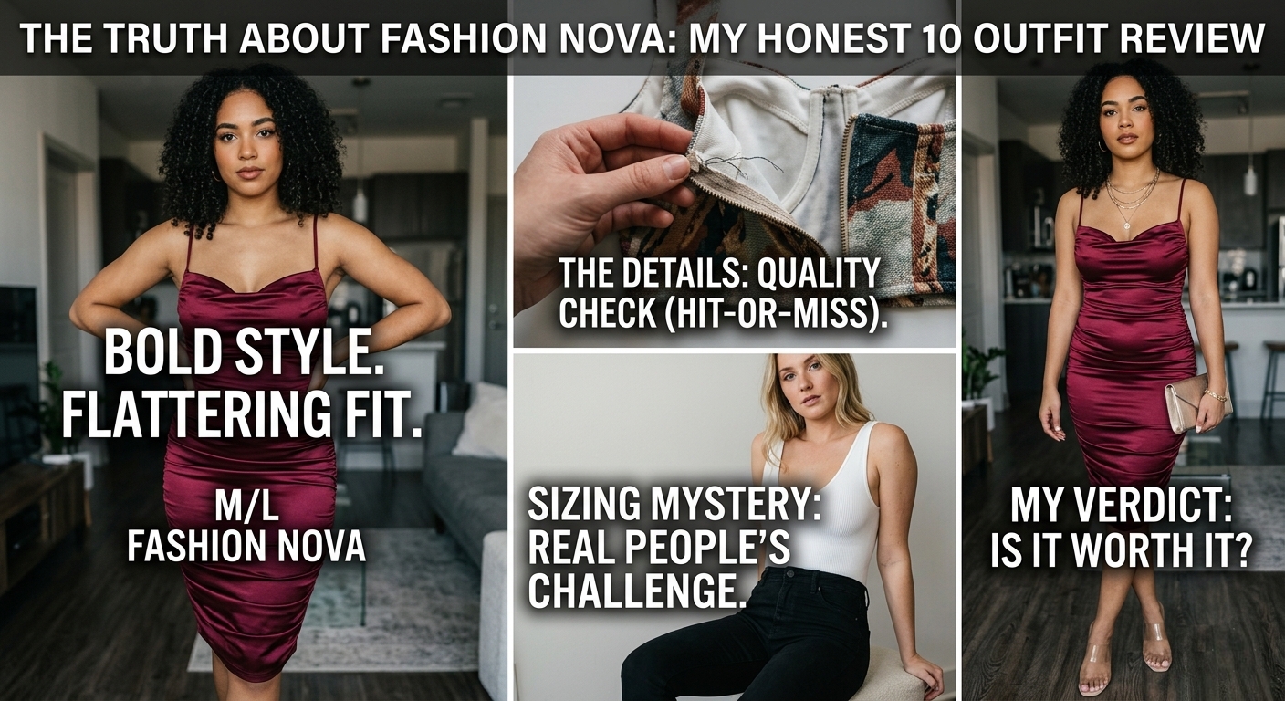 A styled flat lay of five trendy Fashion Nova outfits including a bodycon dress, jeans, and casual tops, representing an honest quality review.