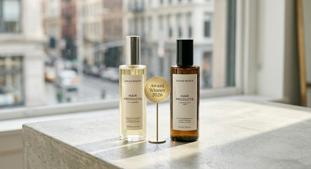 Best hair product Two luxury shampoo bottles with a 2026 Hair Awards winner medal on a concrete ledge in natural light.