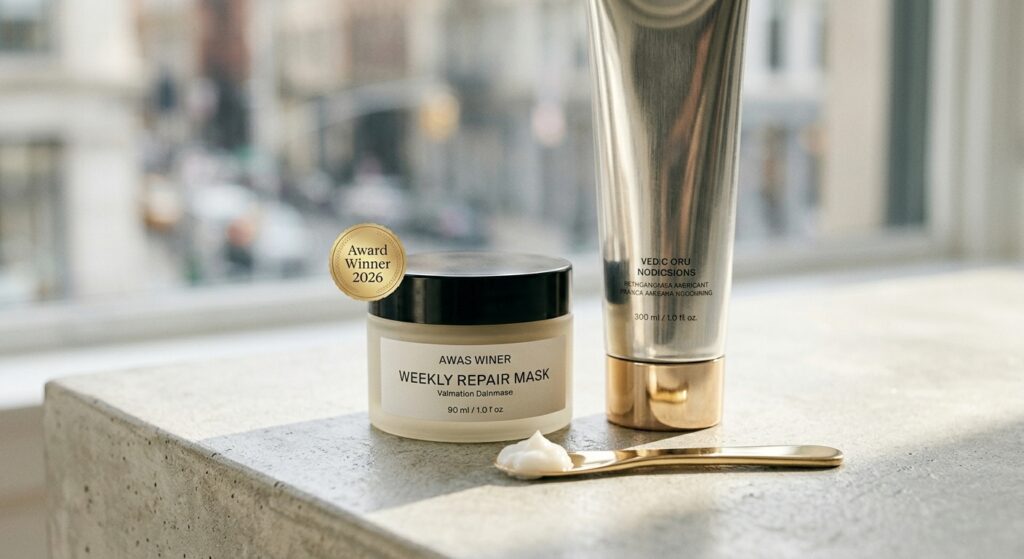 A luxury hair repair mask jar and metallic tube with a golden scoop, labeled Award Winner 2026 on a concrete background.
