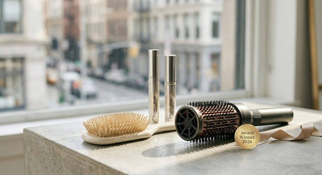 Professional hair styling tools including a paddle brush, thermal brush, and styling wands with a 2026 Hair Awards medal.