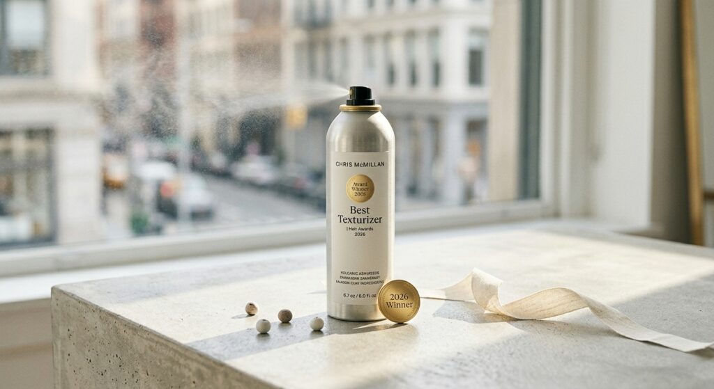 Chris McMillan dry texture and volume spray bottle with a 2026 Hair Awards gold medal on a concrete ledge.