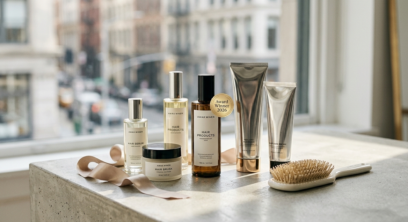A high-end editorial display of luxury hair products including serums, a repair mask, and an award medal on a concrete surface overlooking an urban street.